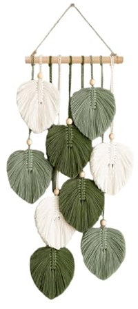 champracer Makramee Wandbehang Boho Deko Makramee Wandteppich mit Holzperlen und Grün Blätter Tapisserie Handgemacht Wandteppich für Schlafzimmer Wohnzimmer Kinderzimmer Wanddeko