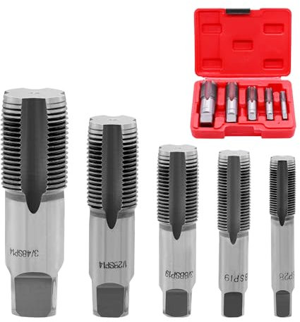 RUNYU® Juego de 5 brocas de rosca BSP: 1/8 mm, 1/4 mm, 3/8 mm, 1/2 mm, 3/4 mm Juego de roscas profesionales para reparación de tuberías, con caja