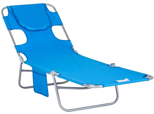 Outsunny Sonnenliege klappbar Gartenliege mit Lesefenster, Kopfkissen, Liegestuhl mit 5-Fach verstellbare Rückenlehne, wetterfeste Campingliege bis 120 kg belastbar, für Garten Strand Pool, Blau