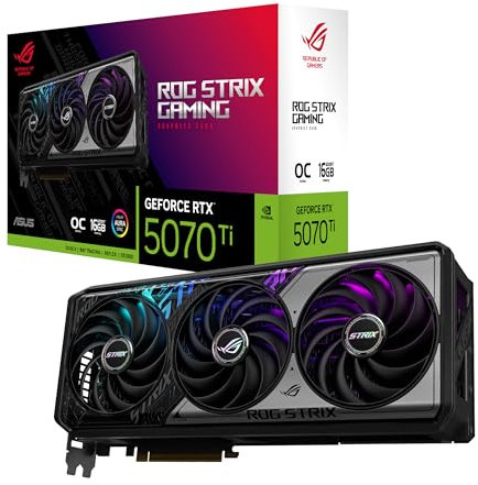 ASUS ROG Strix GeForce RTX 5070 Ti OC Edition Carte Graphique GDDR7 16 Go (PCIe 5.0, HDMI/DP 2.1, 3.2-Slot, Ventilateurs axial-Tech, Design MaxContact avec Chambre à Vapeur, Tampon Thermique GPU à