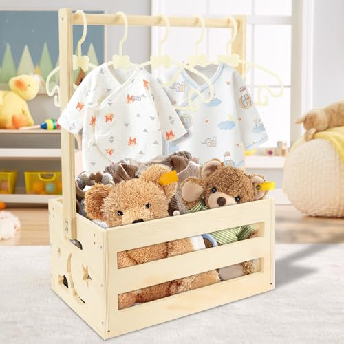 BAODBF Korg för presenter trä, trälåda för babyparty med 5 galgar, babykorg med handtag, trä baby presentkorg för babyshower av tvättkorg barn baby shower gåva (stil 1)