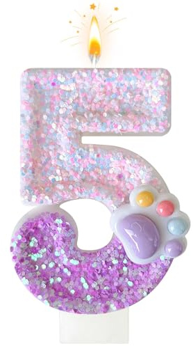 Candela compleanno numero 5 rosa con Zampe di cane e gatto e paillettes, Decorazioni per torta, Candele compleanno numeri, Candele a tema animale, Articoli decorativi per feste, eventi e compleanni