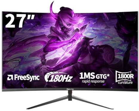 27 Zoll Curved Gaming Monitor mit 180Hz, FHD 1080p, 1ms Reaktionszeit, FreeSync, 98% sRGB, Ultra-Dünner Rahmen, 178° Blickwinkel, HDMI/DP Port, VESA 100x100mm, Perfekter Monitor für Gamer und Profis