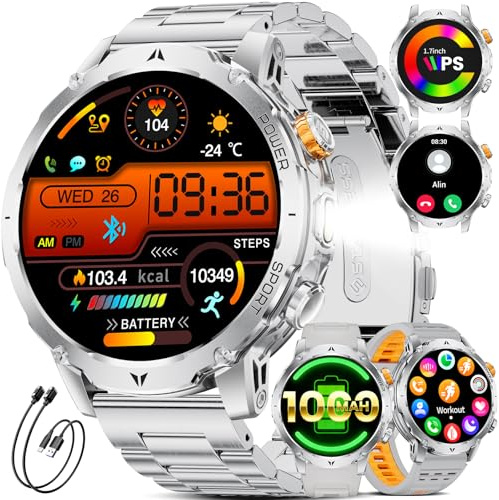 1000mAh Batteria Smartwatch Uomo, 1.7'' Orologio Smart Watch con Chiamata Bluetooth, Torcia LED Orologio monitoraggio del sonno/100+ Modalità Sportive, IP68 Impermeabile per Android iOS,Argento