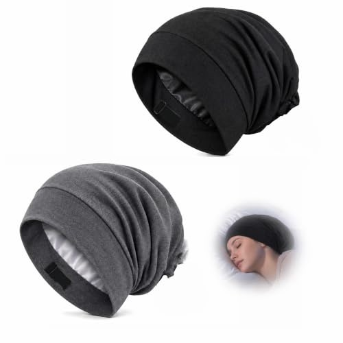 Bekecidi Lot de 2 Bonnets Capillaires en Satin Bambou, 1 Gris 1 Noir, Bonnet de Nuit Ajustable, Protection Cheveux Longs et Bouclés, Accessoire Soin Cheveux Femme Homme