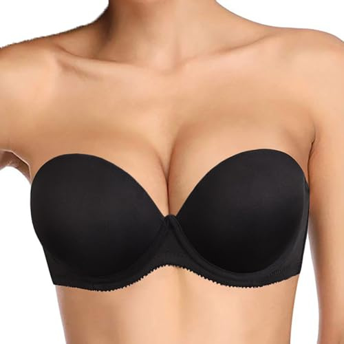 Plusexy Women’s Push Up Strapless Bra Thick Padded Underwire Convertible Multiway Bras Black 38B