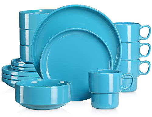 LOVECASA Tafelservice porzellan, 16-teiliges Kombiservice Set, Ess Geschirrset für 4 Personen | Speiseteller, Tassen, Dessertteller und Schüsseln, Marineblau