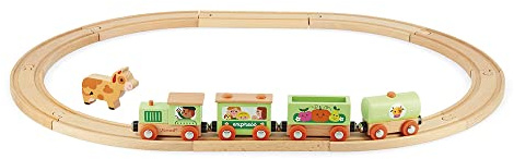 Janod - Tren Granja Story Circuito de Madera - Incluye Figura de Vaca - Juguete de Estímulo - Motricidad Fina - Certificado FSC - Pintura al Agua - A Partir de 3 Años, J04630