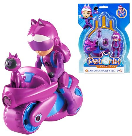 AlphaToys Petronix Defenders EU820020 - Emma Actionfigur & Pet Kitt-10, ca. 8 cm große Spielfigur für Kinder mit tierischem Begleiter, inkl. Haustiermobil und Rucksack, Violett