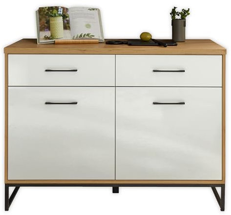 Stella Trading Seattle Moderner Küchenunterschrank in Artisan Eiche Optik, Weiß Hochglanz - Geräumiger Unterschrank mit viel Stauraum - 123,5 x 150 x 58 cm (B/H/T)