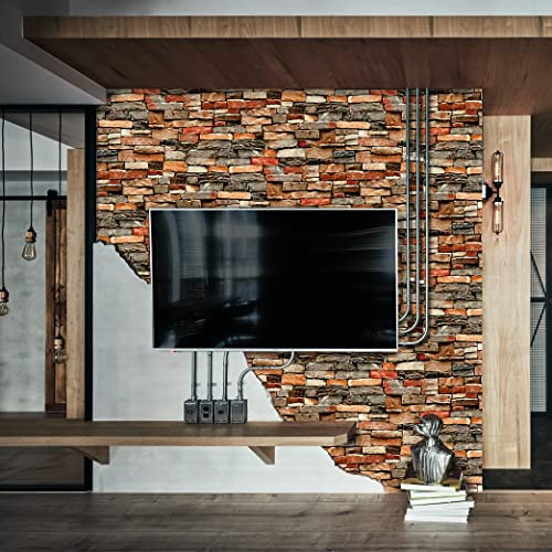 JOLIHOME Gris Brun Rougeâtre Papier Peint à Effet de Brique de Pierre Papier de Contact pour le Décapage et le Collage des Roches Colorées Rouleaux en Vinyle Adhésif pour Cuisine 44.5x1000cm