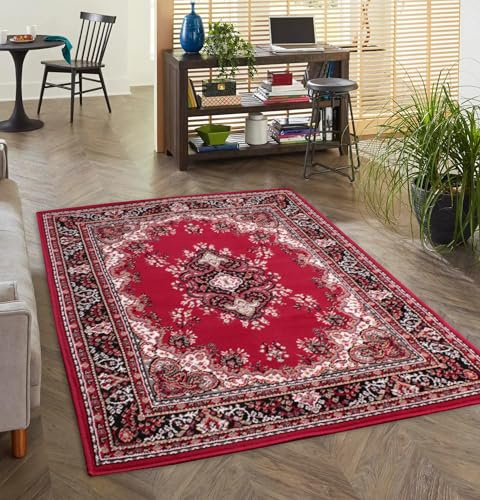 Lord of Rugs Lancashire Traditional Rug for Living Room, Bedroom, Hallways Lounge Classic Carpet Floral Bordered Medallion Oriental Rug Red, Medium 120x160 cm (4'x5'3)
