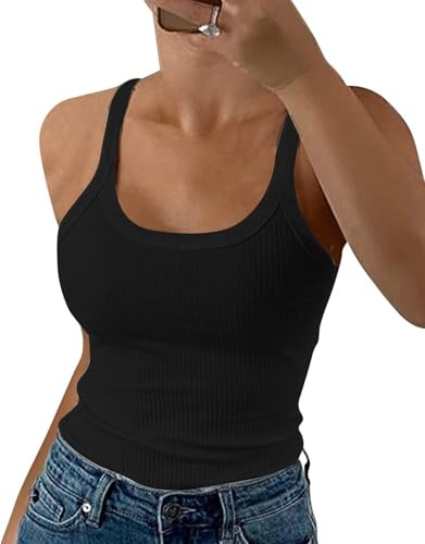 DUOEASE Top Femme Ete Basique Spaghetti 2025 Debardeur Femme Décontracté sans Manches Haut Femme Noir-S