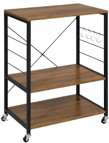 WOLTU Küchenregal auf Rollen, Mikrowellen-Regal mit 3 Ablagen & 4 Haken, dreistufiger Servierwagen mit Metallrahmen, Mikrowellenhalter, Rustikales Braun + Schwarz, 60x40x82,5 cm