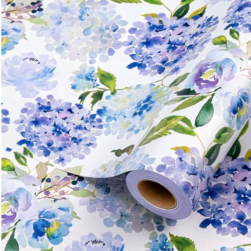 Wikadlik Floral Wrapping Paper Roll, 43cm x 10m Elegant Watercolor Hydrangea Flower Design Gift Wrap for Wedding, Valentines Day, Bridal, Mothers Day, DIY Bouquet, Anniversary