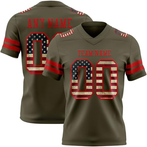 Custom Army Green and Red Football Jersey Practice Rugby Volleyball Shirts Men Women Unisex, Stitched or Printed Personalized V-Neck American Flag Football Uniforms for Adult Youth Patriot, Plus Size