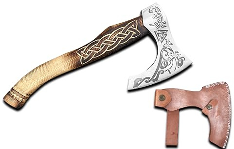 Novahaven Sköll vikingayxa – handsmidd kolstålblad med gravyr – 45 cm jakt, utomhus och campingyxa med brandbränt askträhandtag – present och samlaryxa