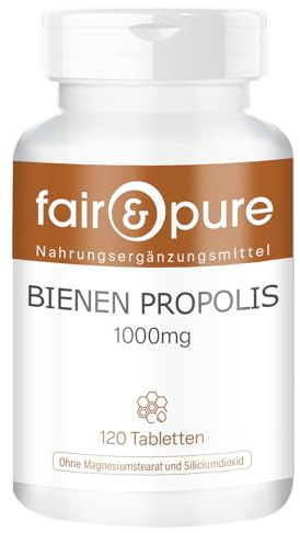 Comprimés de propolis d'abeille Fair & Pure 1000 mg, 120 comprimés, complément alimentaire végétalien sans additifs, fabriqué en Allemagne