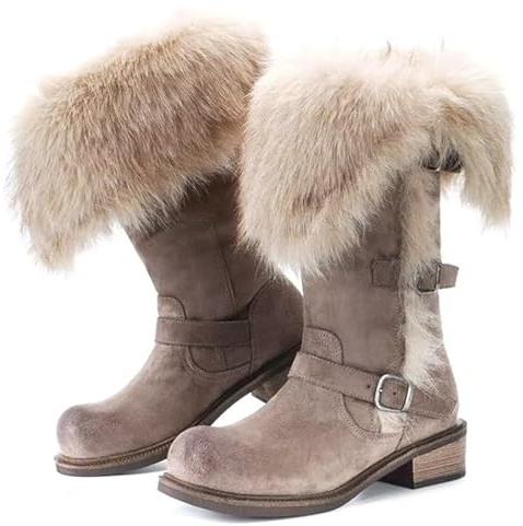 GHTRHSB Bottes de neige mi-mollet pour femme en fausse fourrure - Chaudes et repliables - Antidérapantes - Talon bas - En daim synthétique, gris, 37 EU