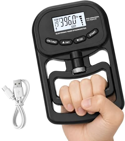 Vexnaro Dinamómetro Digital De Mano, 396lb/180 kg Ajustable Medidor de Fuerza de Agarre, Pantalla LED Grip Strength Trainer con Cable USB, Dinamometro Mano, Agarre Inteligente y Sensible