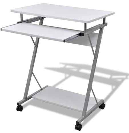WEMYUFURN Scrivania per computer bianca con ripiano estraibile per tastiera e ruote, tavolo da ufficio compatto in robusto pannello di compensato e telaio in acciaio verniciato a polvere, grande