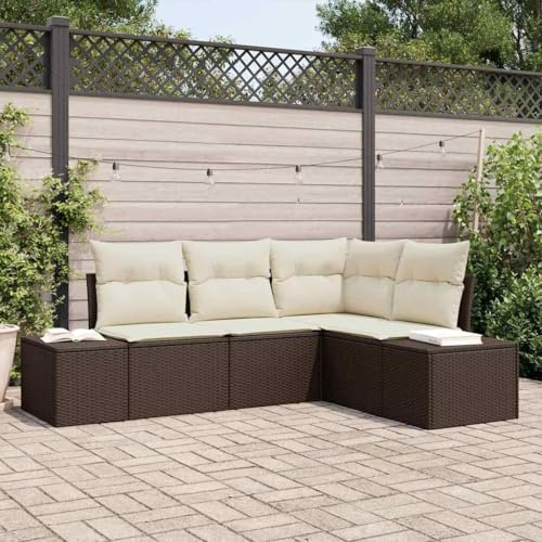 YunCangg Ensemble de canapé de jardin 4 pièces en rotin synthétique marron avec groupe de sièges modulable, salon d'extérieur résistant aux intempéries pour terrasse, balcon, jardin, avec coussins