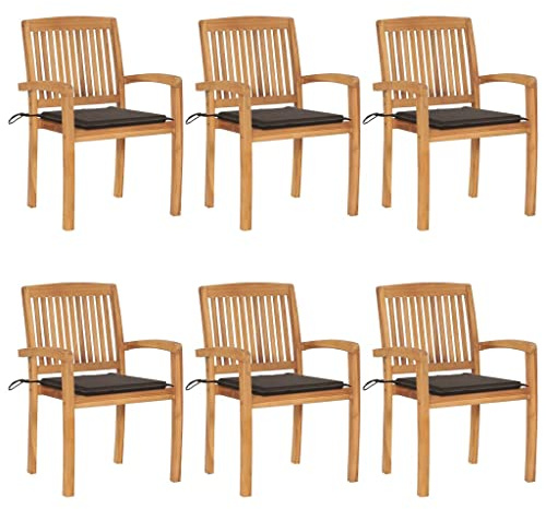 LoogCape Stapelbara trädgårdsstolar med kuddar, 6 st. Teak i massivt trä för balkong, terrass, trädgård, vikbar, väderbeständig, med stoppning och armstöd, stapelbar, bekväm, hållbar