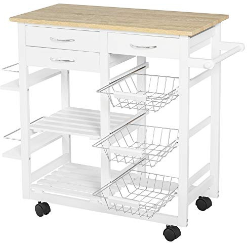 HOMCOM Carrello da Cucina con Ruote, Mobile da Cucina Salvaspazio in Legno Massiccio: 3 Cassetti, 3 Cestelli, 2 Portaspezie, 2 Ripiani, 92x37x82 cm
