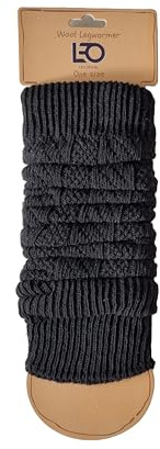 Leo Design Natural Lambs Wool Women Legwarmer- Blend of Lambs wool and Polyamide- Cable knitted Leg Warmer - One Size- Luxury winter/Christmas layer for leg - Black & Egg-Shell (Black)