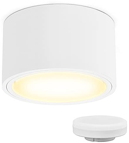 KYOTECH LED Aufbauspot Flach 230V Ø95x55mm Aufputz inkl. 6W GX53 Leuchtmittel warmweiß 3000K 550LM Decken Aufbaustrahler mit großer Leuchtfläche LED Aufputz Spotleuchte Rund Weiß