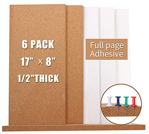 Cork Bulletin Board 17x8 - 1/2 Thick Cork Board Tiles Frameless Cork Tiles, Self-Adhesive Corkboards Wall Decor with a Box Bonus Pushpins (6pack) for Office, School and Home