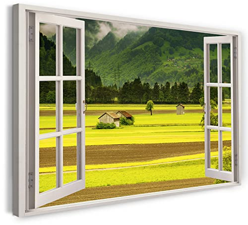 Print on Canvas (100x70 cm) view from the window - landscape mountains fields trees nature - nature photography, real wood frame with hook