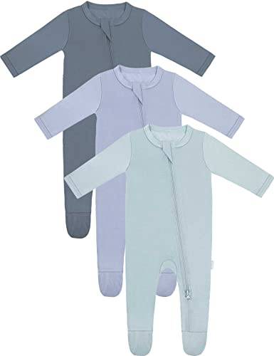RRP Unisex Baby Footies Pajamas,Rayon Derived From Bamboo,Buttery Soft Sleep 'N Play PJs,2-Way Zipper Closure,0-18 Months(Grey/BlueGrey/Sage, 12-18 Months)