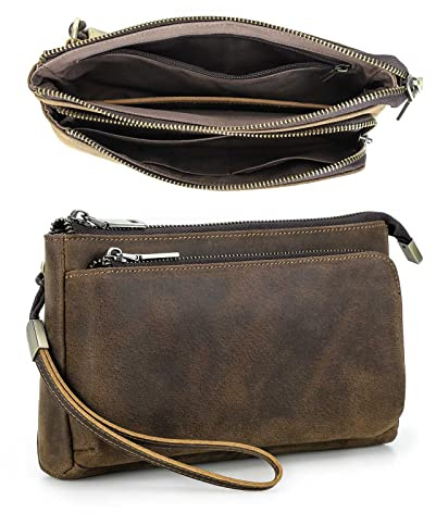 CONTACTS Pochette da viaggio da uomo in vera pelle con cinturino da polso, portafoglio passaporto con cerniera e tasca con cerniera, Portafoglio borsa a mano grande capacità per telefono