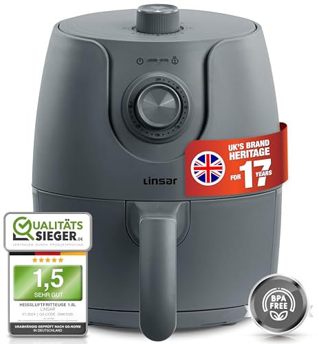 Linsar - Mini friteuse à air chaud - 1,8 l - Airfryer avec minuterie et fonction maintien au chaud - Température au choix - Économe en énergie et plus rapide que les fours - 1200 W - Petite (gris)