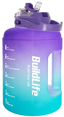 BuildLife Borraccia sportiva, 2,5 l, a prova di perdite, con indicatore del tempo, con coperchio 2 in 1, senza BPA, per palestra (2500 ml, viola blu)