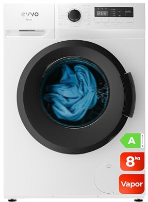 EVVO Lavadora 8kg, Vapor, Clase A, Motor Inverter, Lavado Rápido 15', Estrecha 48cm Profundidad, Bajo consumo, 1400 rpm, 15 programas, Carga frontal, Blanco, Terra (8Kg)