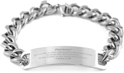 Amangny Partner Stainless Steel Cuban Chain Bracelet - Fearless Love and Confidence Inspirational Gift for Valentines Day, Christmas, Graduation - Partner Gift