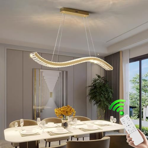 VTAMng Suspension LED moderne avec télécommande cristal linéaire hauteur réglable salle à manger plafonnier luminaire à intensité variable forme de vague intérieure lustre décoratif salon cuisine étud