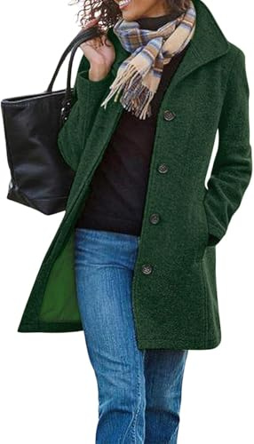 yoeasy Women's Casual Thicken Wool Blend Pea Coat Stand Collar Single Breasted Winter Mid Long Overcoat Jackets, Green, X-Large