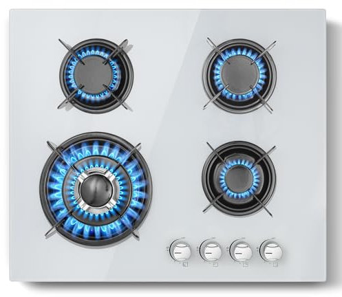 Plaque de Cuisson Gaz 4 Feux Blanc, TopStrong Plaque Gaz 4 Feux Verre avec Sécurité Thermocouple 60cm, Encastrable Table de cuisson 60cm, Naturel/Propane, 8060W, 220-240 V