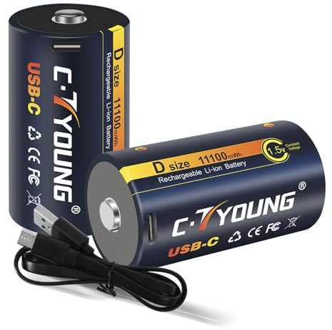 Rechargeable D Batteries 1.5V Lithium D Cell 11000mWh High Capacity with USB-C Fast Charging Long-Lasting Performance 2 packs