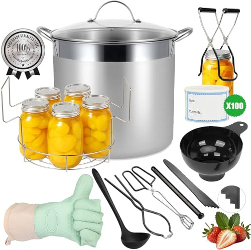 HOMKULA Stainless Steel Canning Pot with Rack and Lid, Large Water Bath Canner, Full Home Canning Supplies Starter Kit, Compatible with Induction and Glass Top Stoves (19L, Black) K4