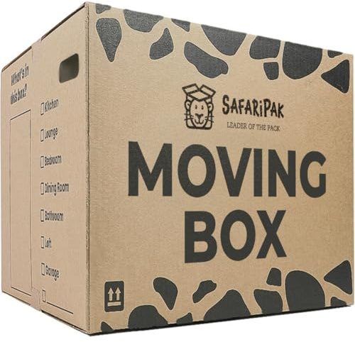 SAFARIPAK - 5 Pack Strong Extra Large Reusable Cardboard Storage Packing Moving House Boxes 52cm x 52cm x 40cm with Carry Handles and Room List Checkboxes - 108 Litres Capacity