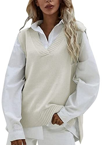 Gilet in Maglia Donna, Maglia Smanicata Scollo a V Pullover Sciolto Cardigan Invernale Vintage Maglia Canotta Autunno Casuale Pullover Gilet Top Maglioni Donna Invernali per Autunno Primavera Inverno