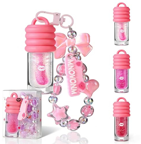 4Pcs Gloss Pailleté Transparents with Keychain,Gloss Hydratants Repulpant Teinté Rose/Rouge,Huile à Lèvres Nourrissant Longue Tenue et Coloré Fini Brillant et Scintillant