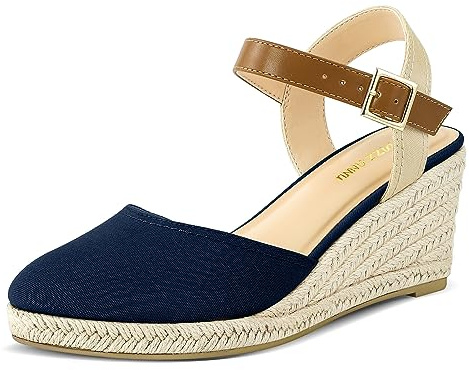 PIZZ ANNU Sandalias Mujer Verano Alpargatas con Cuñas de Esparto y Punta Cerrada Plataforma Espadrilles Zapatos Tacón Novia Boda Elegantes Marina EU 42