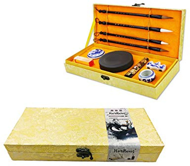 HorBous 10 PCS Chinese Calligraphy Set Inkstone + Writing and Painting Brush + Ink Block + Seal + Inkpad + Pen Rack + Water Bowl (Basic)