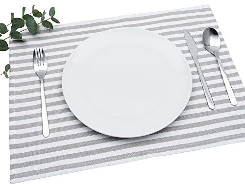 FILU Tischset 4 Stück Grau/Weiß gestreift (Farbe und Design wählbar) 33 x 45 cm - hochwertig gefertigte Platzsets aus 100% Baumwolle im skandinavischen Landhaus-Stil