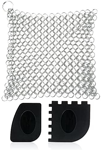 BBQ-Toro 3-teiliges Reinigungs Set für Dutch Oven | mit Ringreiniger und Grill Schaber Gusseisen Reinigungsset | Pflegeset für Gusseisen | Grillschaber Kunststoff, Kettenreiniger Edelstahl